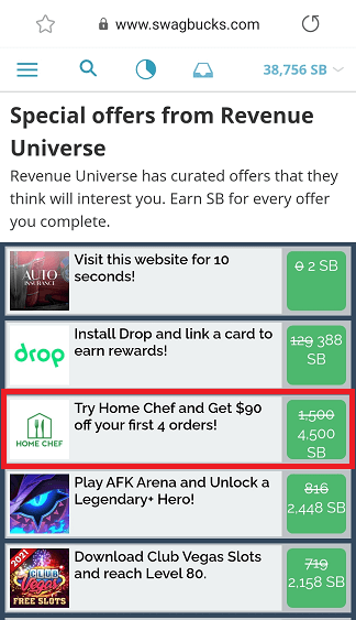 Home Chef offer on Swagbucks' Revenue Universe highlighted