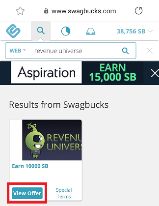 Swagbucks Revenue Universe "View Offer" button highlighted