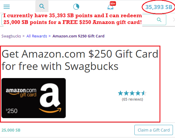 How To Save Money On A Low Income - screenshot of $250 Amazon gift card redemption at Swagbucks