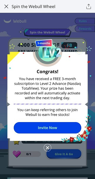 Webull Spin The Wheel Level 2 Advance prize