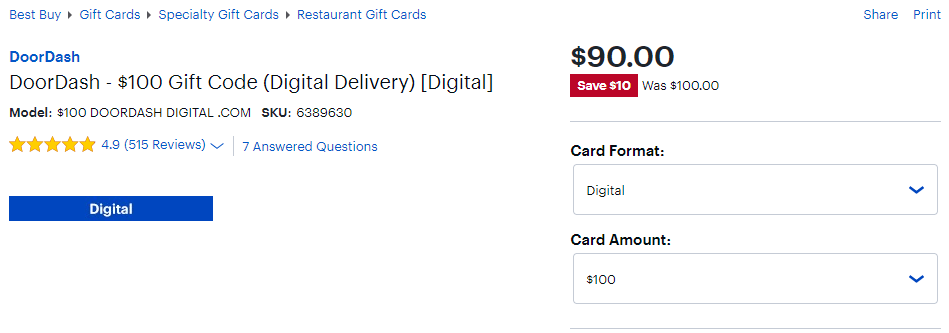 Best Buy 10% discount on Door Dash gift cards (eGiftcards)