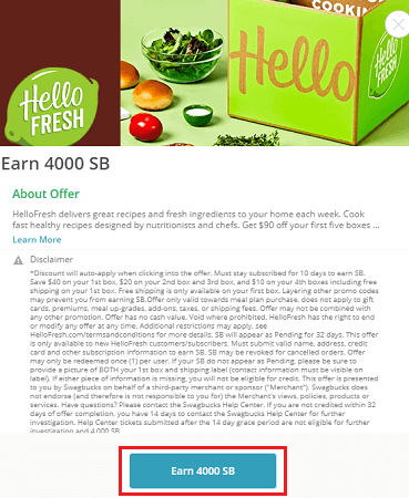 HelloFresh 'Earn 4,000 SB' button highlighted