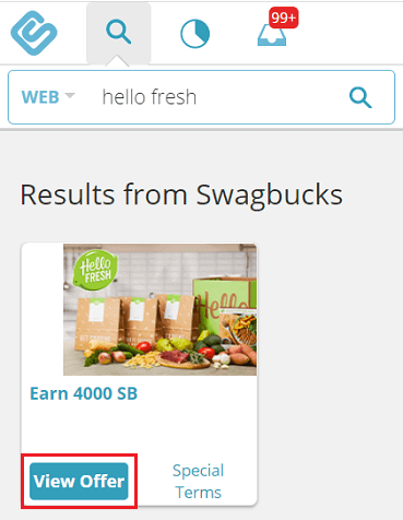 HelloFresh offer on Swagbucks' highlighted