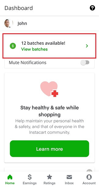 Instacart Home screen with batches highlighted