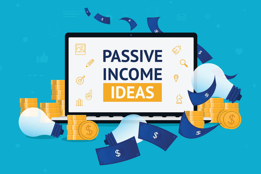Passive Income Ideas phrase on laptop with money and light bulbs around it hero image