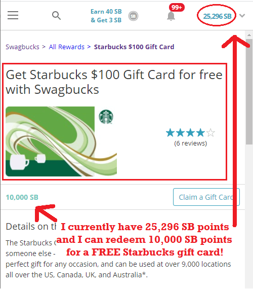 How To Get Free Starbucks Drinks - screenshot of $250 Starbucks gift card redemption at Swagbucks
