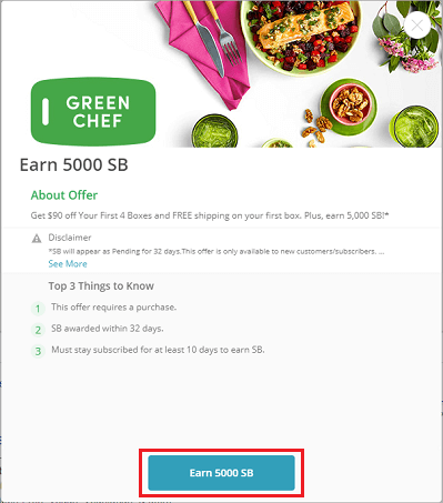Green Chef 'Earn 5,000 SB' button highlighted