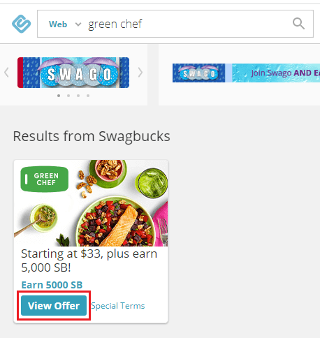 Green Chef offer on Swagbucks' highlighted