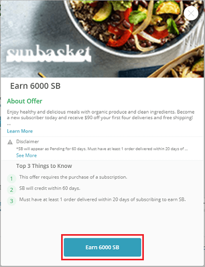 Sunbasket 'Earn 6,000 SB' button highlighted