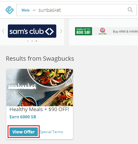 Sunbasket offer on Swagbucks' highlighted