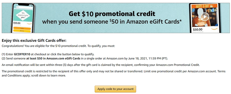 Send $50 Amazon gift card and get $10 promotional credit
