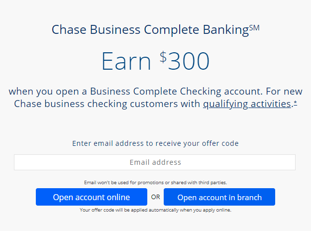 Screenshot of Chase Business Checking $300 Bonus Offer