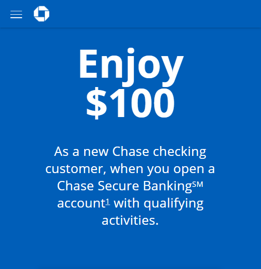 Chase $100 checking bonus offer