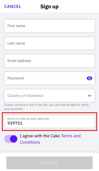 Cake Defi Referral Code: Promo or referral code text field