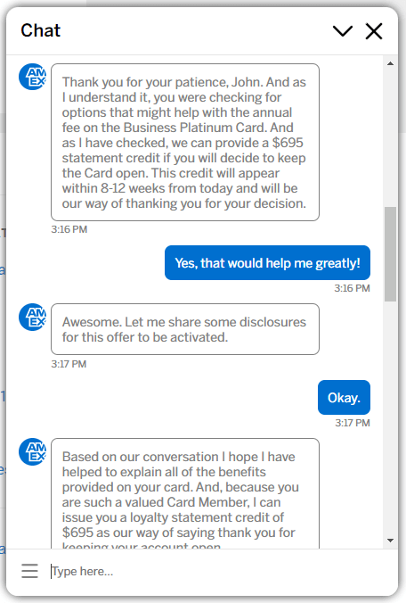 Amex Retention Offers: Chat
