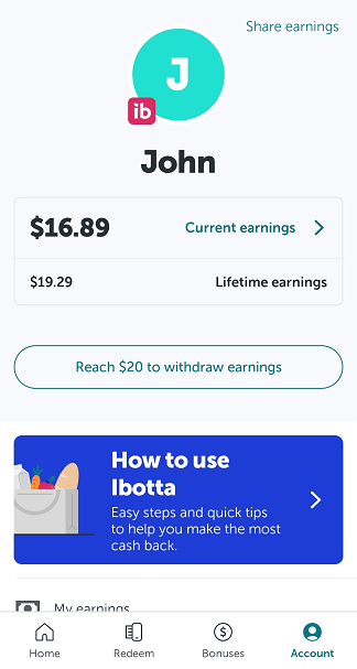 Screenshot of Current and Lifetime Earnings on the Ibotta app
