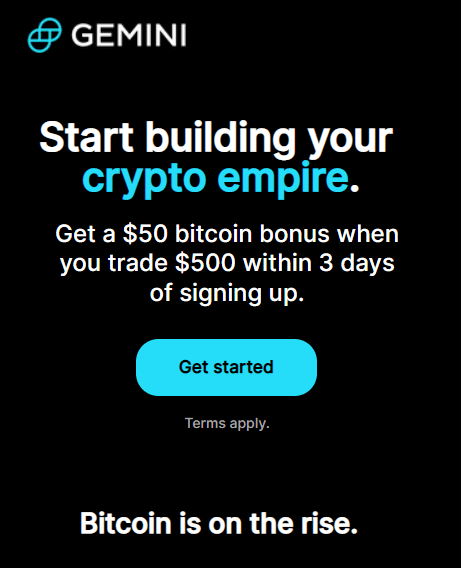 Gemini Promo Code: $50 Bitcoin bonus for $500 trade