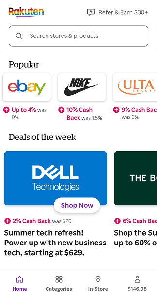 Screenshot of Rakuten app main menu