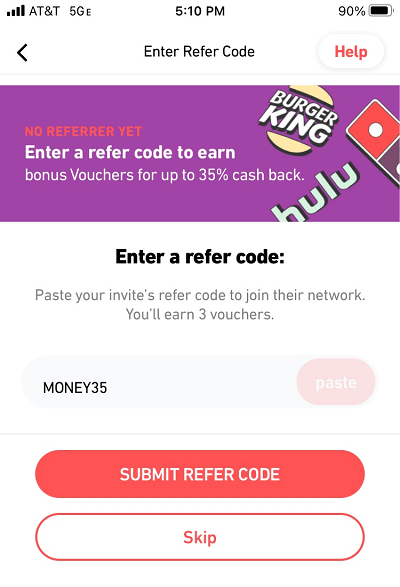 MONEY35 code shown in the Fluz app