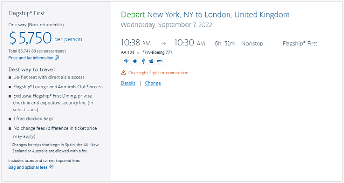 American Airlines Flagship First JFK-LHR for $5,750