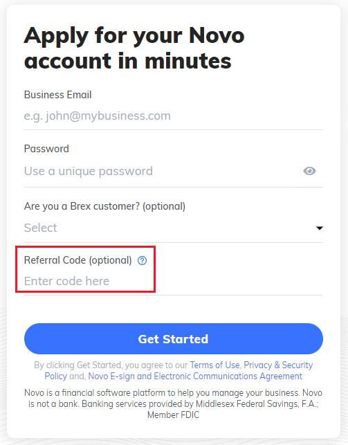 Novo referral code text field