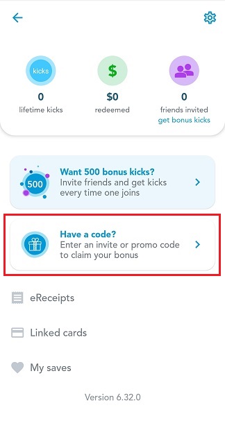 "Have a code?" menu location in the Shopkick app