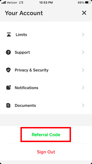 Cash App menu with 'Referral Code' section highlighted
