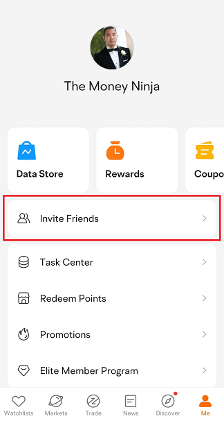 Moomoo: Invite Friends menu location to earn referral bonus