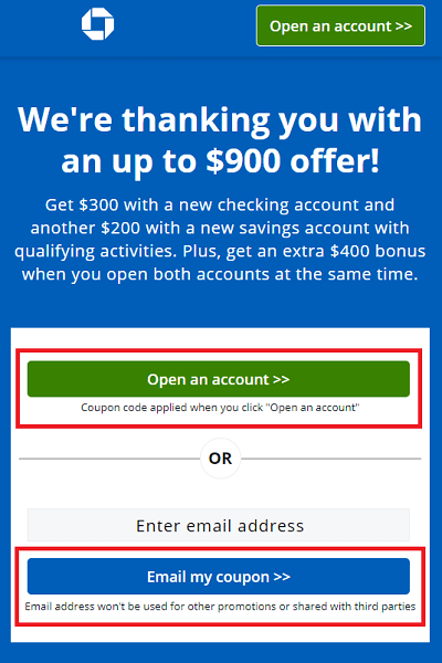 Chase $900 checking and savings combo bonus