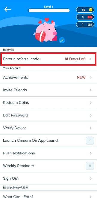 Where to enter a referral code on the Receipt Hog app
