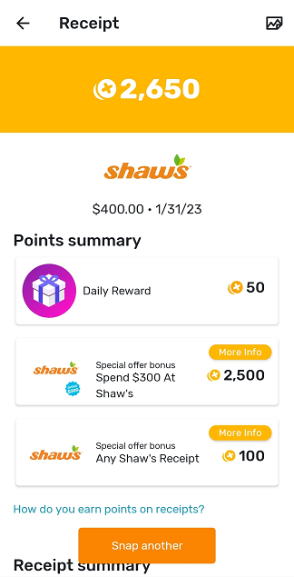 Fetch rewards summary from Shaw's receipt