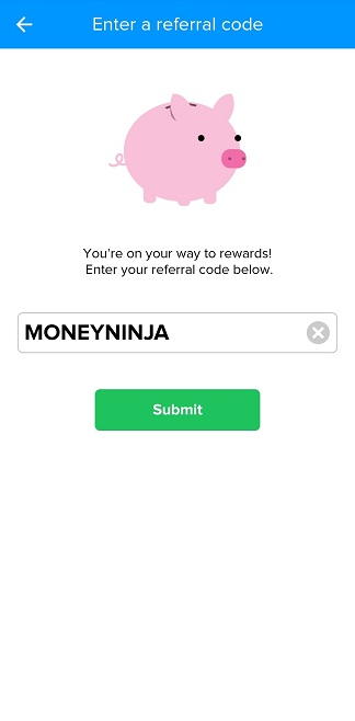 Adding the code "MONEYNINJA" on the Receipt Hog app