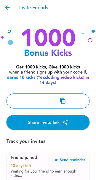 Promotion that offers 1,000 bonus kicks for referring friends to Shopkick