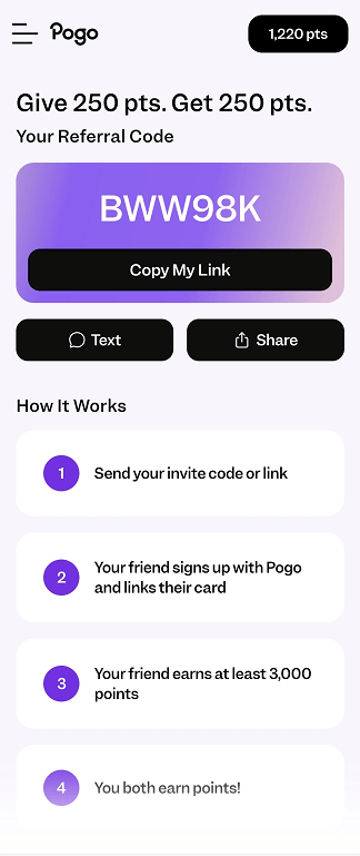 Referral code "BWW98K" shown in the Pogo app