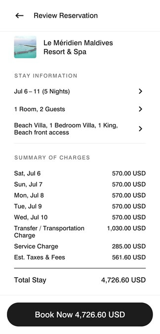 Cash price booking at Le Méridien Maldives Resort & Spa in July 2024.