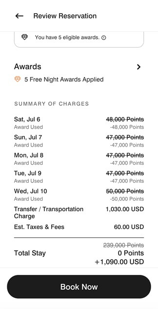 Five free nights redemption at Le Méridien Maldives Resort & Spa in July 2024