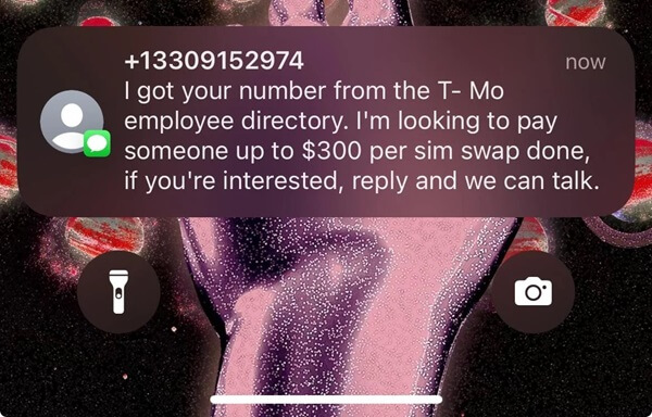 SIM swap scam message from fraudster to mobile service provider employee
