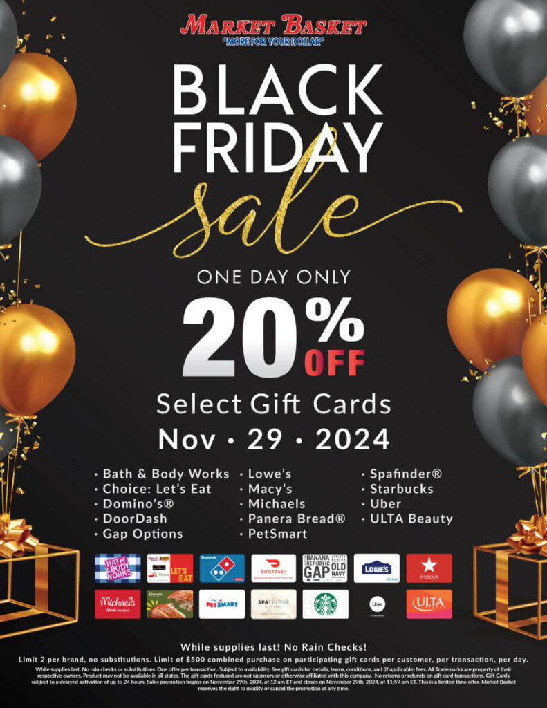 List of gift cards selling for a 20% discount during Market Basket's Black Friday promotion.